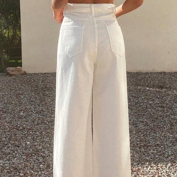 White Casual Women's Lace Patchwork Elegant Wide-Leg denim Jeans - Picture 7 of 7